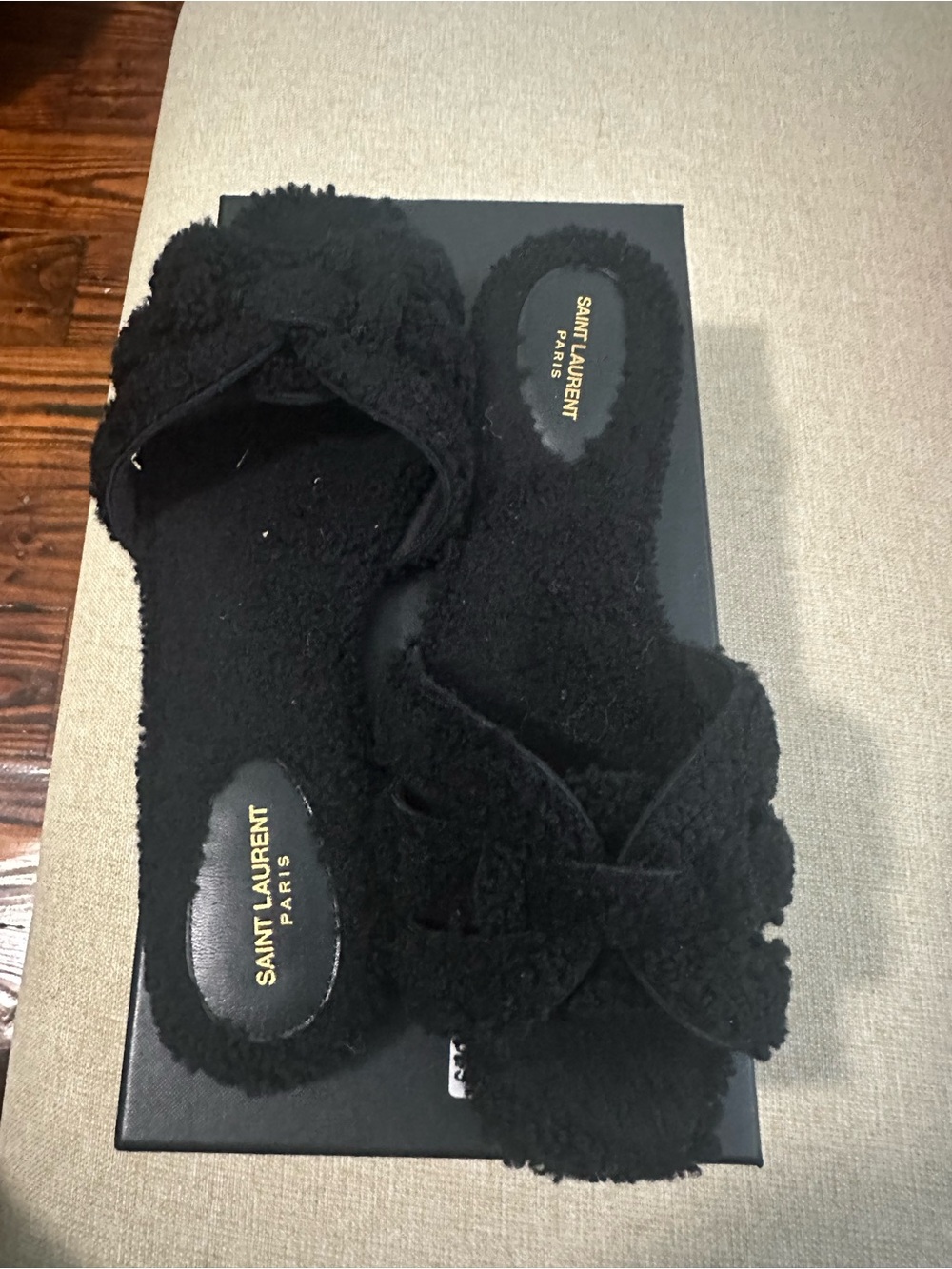Saint Laurent Black Tribute Shearling Sandals